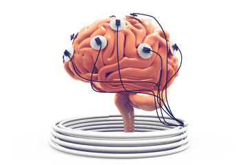 Power of the human mind. Brain analysis concept. Brain connected to the cables.3d render