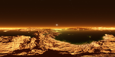 Fototapeta premium Titan, largest moon of Saturn with atmosphere. Panorama, environment 360 HDRI map. Equirectangular projection, spherical panorama. Surface landscape of Titan. Evaporating the hydrocarbon lakes.