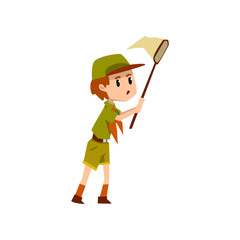 Boy scout character in uniform catching butterflies with net, outdoor adventures and survival activity in camping vector Illustration on a white background