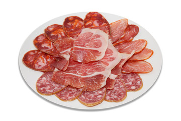 dry-cured cold meat slices on plate and white background