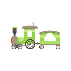 Kids cartoon green toy train, railroad toy with locomotive vector Illustration on a white background