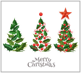 Vector realistic christmas tree holly xmas set