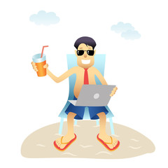 Conceptual business man banner on beach isolated flat design.