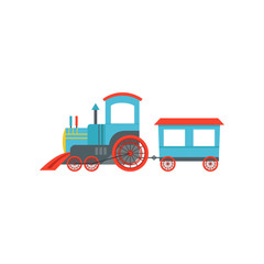 Kids cute cartoon toy passenger train, blue and red railroad toy with locomotive vector Illustration on a white background