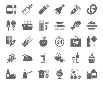 Food, monochrome icons, vector. Food and drinks, production and sale. Gray drawings on the white field. Vector clip art.  
