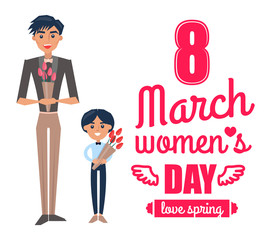 8 March Womens Day Father Son Vector Illustration