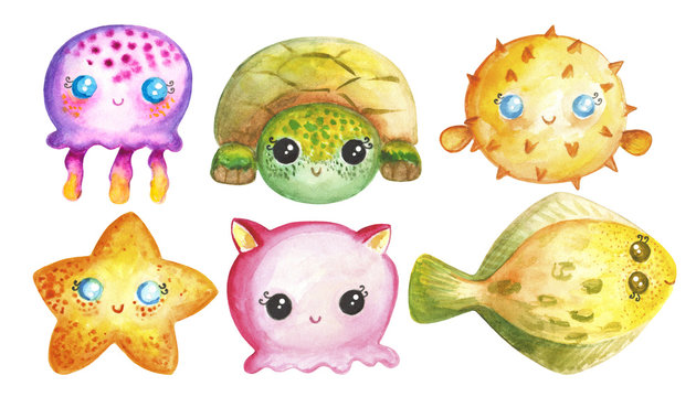 Sea Animals Under The Sea Watercolor Hand Drawn Ocean Creatures