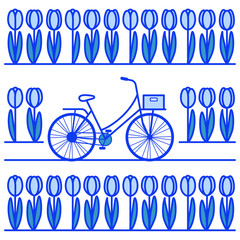 Tulips field and bicycle in delft blue colors. Netherlands line art illustration.