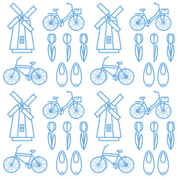 Holland pattern with windmills, bicycles, clomps and tulips.