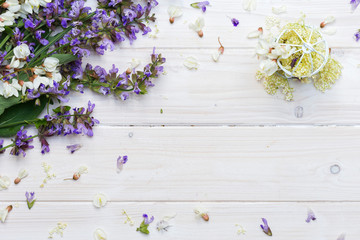 Blank tabletop scene with spring flowers