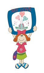 Niña feliz con cuadro para felicitación de cumpleaños.