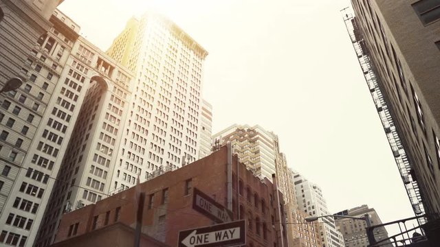 Low Angle Gliding Shot of Modern Buildings Skyscrapers in the New York City. Residential District. POV Dolly Style Shot. Shot on RED Epic 4K UHD Camera.