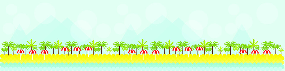 Fototapeta na wymiar Summer vector illustration for site header, footer, web banner, flyer or postcard, modern flat design conceptual landscapes with sea/ocean, beach, palms and mountains.