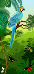 Fototapeta na wymiar Vector Jungle rainforest vertical baner with parrot Blue and yellow Macaw and butterflies