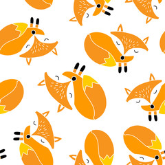 Vector seamless pattern with cute cartoon foxes.