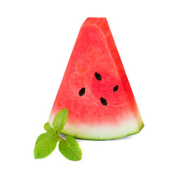 Sliced of  watermelon with mint leaf   isolated on a white background, close up. Seedless  of Watermelon fruit.