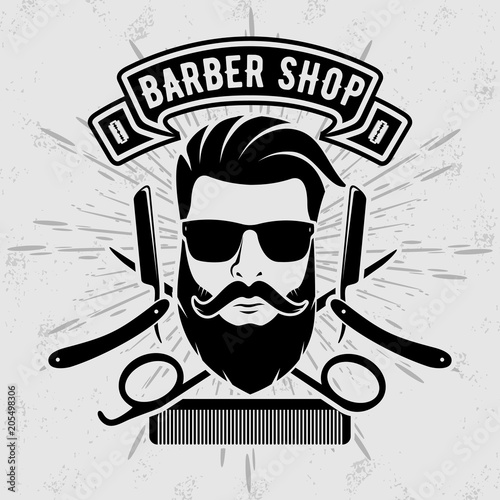 "Barber Shop Vintage Label Badge Or Emblem On Gray