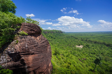 Beautiful scenery of the sandstone cliff with the jungle and blue sky in the background, Phu Sing, Bueng Kan, Thailand