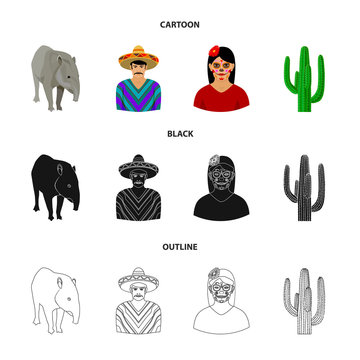 Tapir Mexican animal, a Mexican in national clothes in a poncho, a woman with a flower, a cactus. Mexico country set collection icons in cartoon,black,outline style vector symbol stock illustration