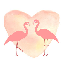 Two pink flamingos in love