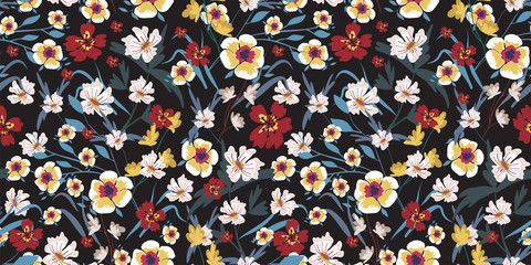 Seamless pattern with small flowers on a dark background - 205501391