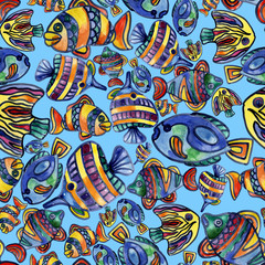 Aquarium, river, lake, merry, rainbow, colorful fish in the water. Watercolor. Illustration