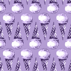 Seamless ice-cream pattern. Watercolor hand drawn summer beach print in unusual colors with ice lolly , Ice cream in a waffle cup. Childish baby background. Food print. Fabric, paper, cover, web
