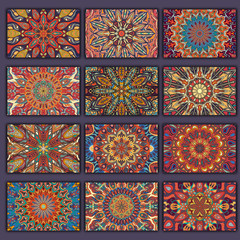 Collection retro cards shirts with ethnic backgrounds. Card of invitation with vintage design elements.