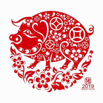 Happy chinese new year 2019 Zodiac sign with red paper cut art and craft style on color Background.(Chinese Translation : Year of the pig)