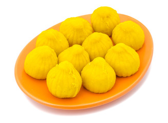 Indian Sweet Food Modak Also Know as Laddu, Khoya, khova Modak, Kozhakkatta, Modhaka, Kadubu, Modhakam, Kozhakkattai, Kudumu. Made up of Coconut And Jaggery, Rice Flour, Wheat with Khava