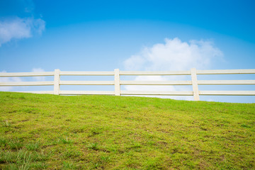 White fence on green grass field and blue sky - Green environmental concept