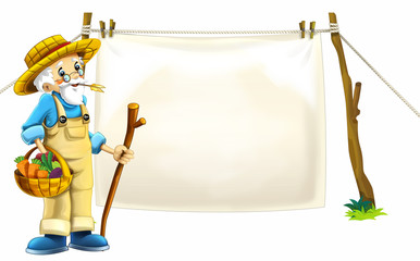 cartoon happy and funny farm scene with tractor - on white background wheelbarrow for different tasks - illustration for children 