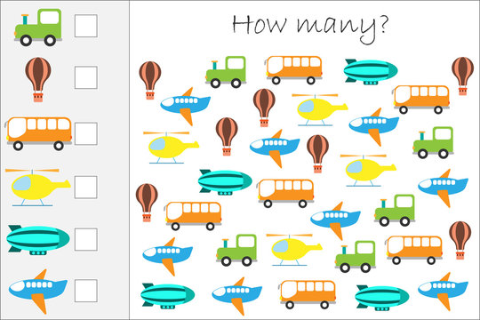 How many counting game with transport for kids, educational maths task for the development of logical thinking, preschool worksheet activity, count  and write the result, vector illustration