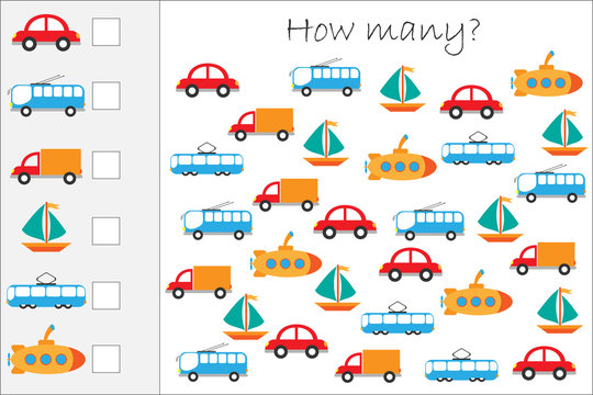 How many counting game with colorful transport for kids, educational maths task for the development of logical thinking, preschool worksheet activity, count  and write the result, vector illustration