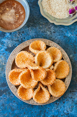 Honey and sesame babouches - popular arabic dessert. Arabic and middle eastern food concept
