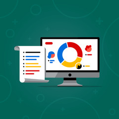 Vector illustration of computer. Flat design. Desktop pc monitor screen with user icon, pie chart and list on paper. Concept of audience marketing research or statistics report in personal account.