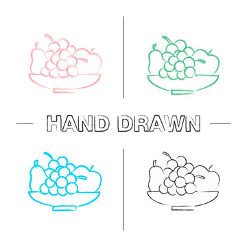 Bowl with fruit hand drawn icons set
