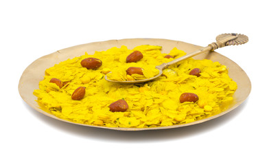 Indian Spicy And Crispy Popular Breakfast Poha Chivda Also Know as Poha, Chiwda, Chivada, Namkeen Crunchy Savory Snack isolated on White Background
