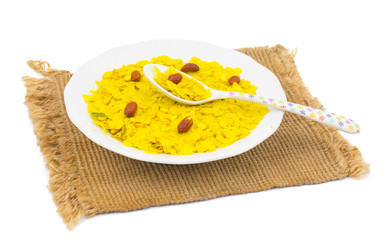 Indian Spicy And Crispy Popular Breakfast Poha Chivda Also Know as Poha, Chiwda, Chivada, Namkeen Crunchy Savory Snack isolated on White Background