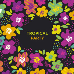 Abstract tropical color floral pattern on black background.