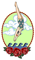 The retro swimmer jumps into the water