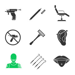 Tattoo studio glyph icons set