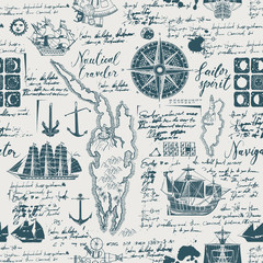 Naklejki  Streszczenie tło wektor na temat podróży, przygody i odkrycia. Stary rękopis z karawelami, różą wiatrów, kotwicami i innymi symbolami morskimi z plamami i plamami w stylu vintage