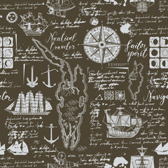 Vector abstract seamless background on the theme of travel, adventure and discovery. Old manuscript with caravels, wind rose, anchors and other nautical symbols with blots and stains in vintage style