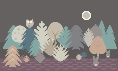 Simple flat design illustration of forest and field with owl and two hares under night sky with moon - vector