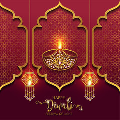 Happy Diwali festival card with gold diya patterned and crystals on paper color Background.