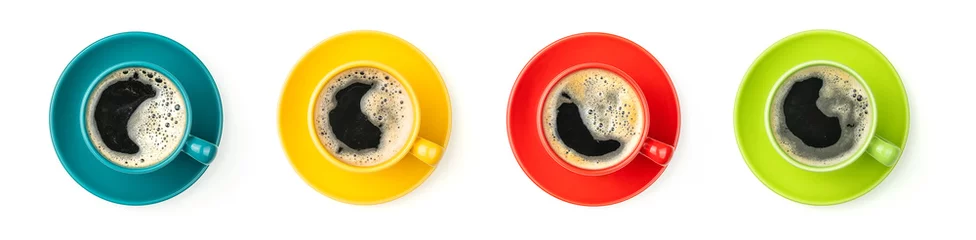 Foto auf Acrylglas Vier bunte Kaffeetassen mit frischem Kaffee © Zerbor