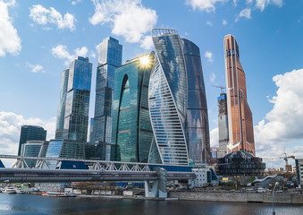 Obraz na płótnie Canvas Russia, Moscow, May 05,2018: Skyscrapers of Moscow city - Moscow International Business Center in downtown of Moscow and Bagration bridge.