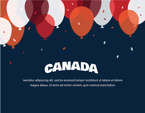 1 July. Happy Canada Day greeting card. Celebration banner with flying balloons in canadian flag colors.