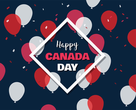 1 July. Happy Canada Day greeting card. Celebration banner with flying balloons in canadian flag colors.